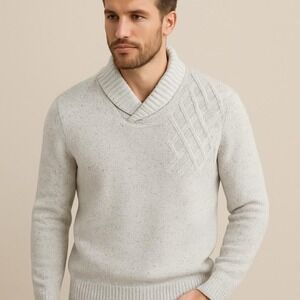 Chaps Sweater Men Large Shawl Collar Pullover Textured Cream Oatmeal